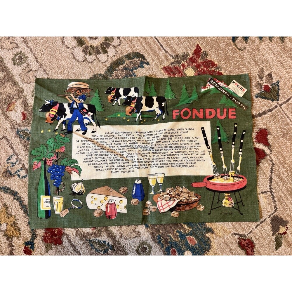Vintage Recipe Fondue Tea Towel Linen European Kreier Swiss Kitchen Dish NEW